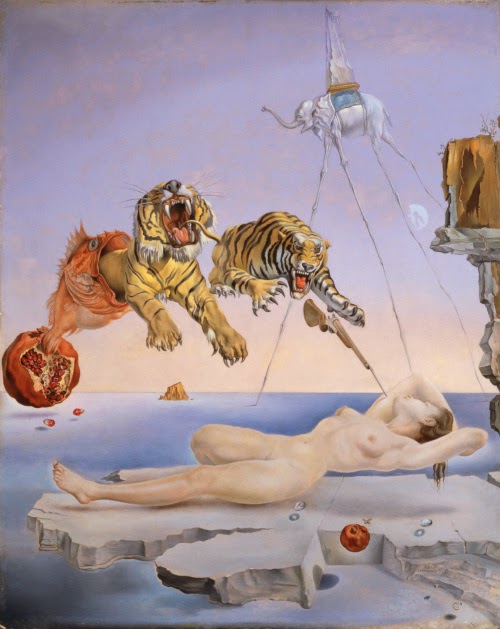 ponagrades-dream-caused-by-the-flight-of-a-bee-around-a-pomegranate-a-second-before-awakening-salvador-dali-1944